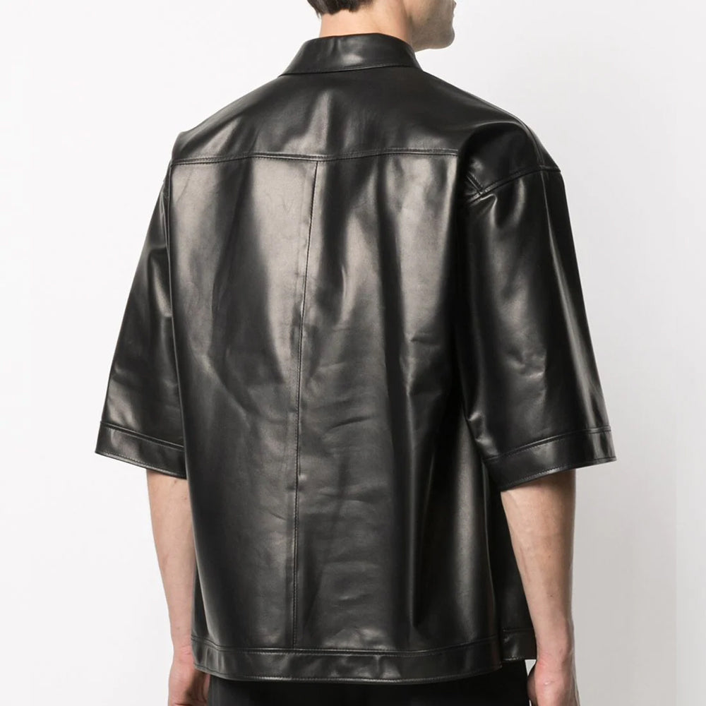 Camisa de cuero "Shadow-Lite" para hombre | Piel de oveja suave de primera calidad | Top de cuero negro urbano de media manga | Prenda de cuero de plena flor