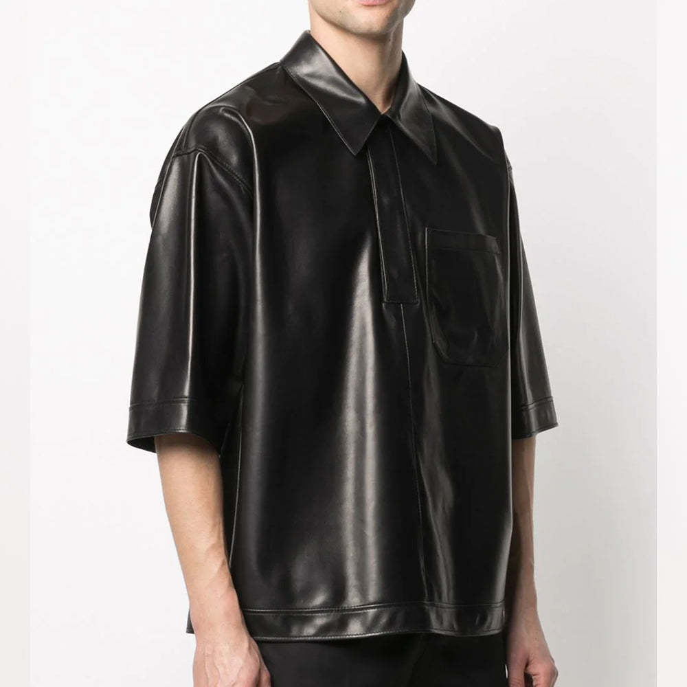 Camisa de cuero "Shadow-Lite" para hombre | Piel de oveja suave de primera calidad | Top de cuero negro urbano de media manga | Prenda de cuero de plena flor