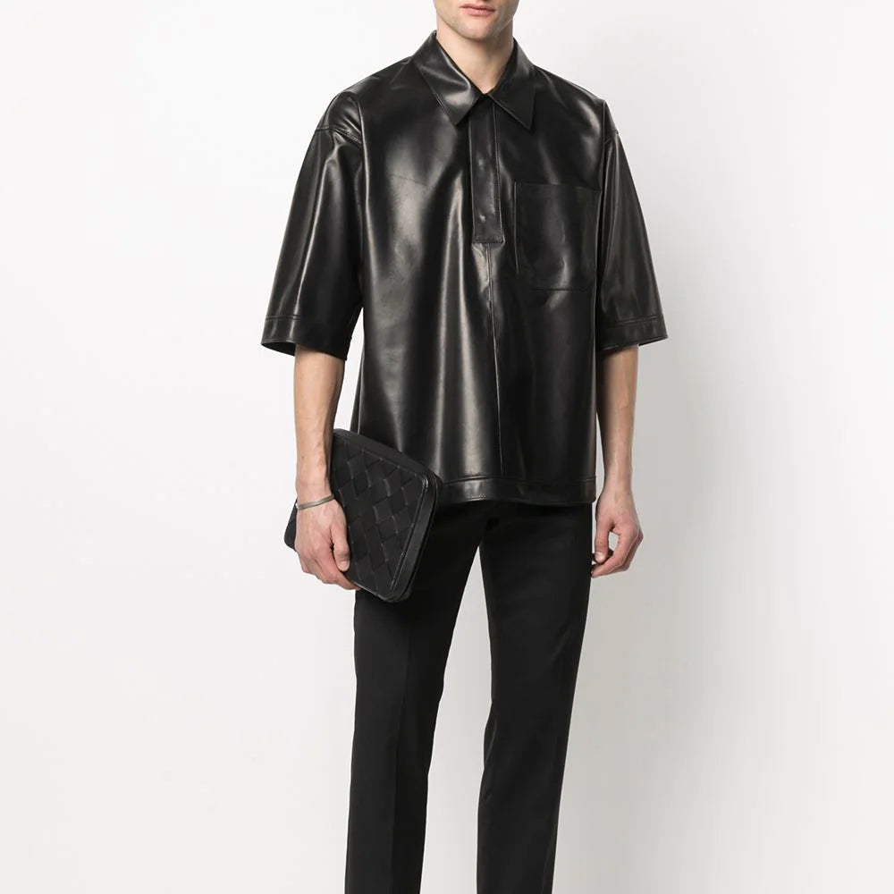 Camisa de cuero "Shadow-Lite" para hombre | Piel de oveja suave de primera calidad | Top de cuero negro urbano de media manga | Prenda de cuero de plena flor