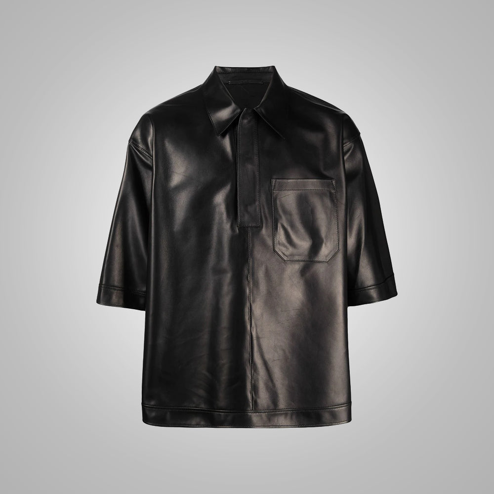 Men’s "Shadow-Lite" Leather Shirt | Premium Soft Sheepskin | Half-Sleeve Urban Black Leather Top | Full Grain Apparel