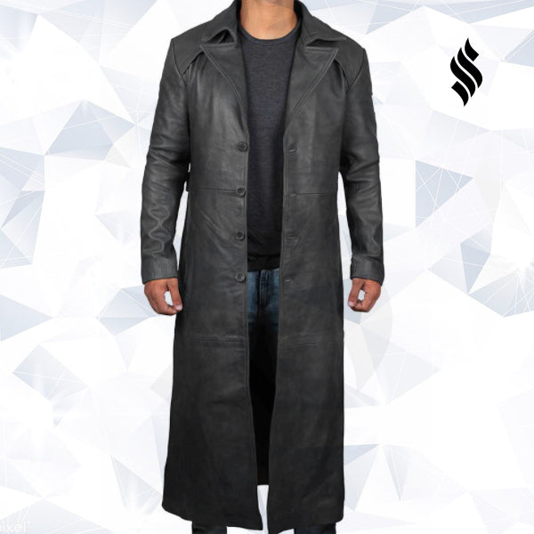 Men’s Black Winter Leather Trench Coat | Full-Length Rugged Overcoat | Full Grain Apparel