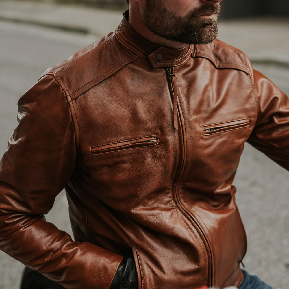 Men’s "Dust & Glory" Cafe Racer Jacket | Light Brown Genuine Sheepskin Motorbike Moto | Full Grain Apparel