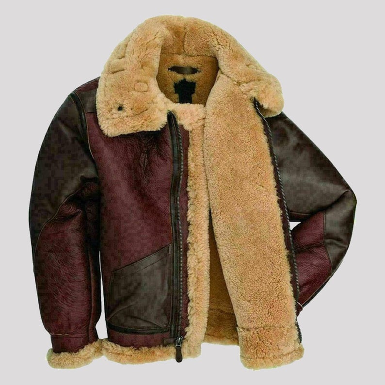 Men’s Maroon RAF B3 Shearling Fur Aviator Bomber Jacket | Full Grain Apparel