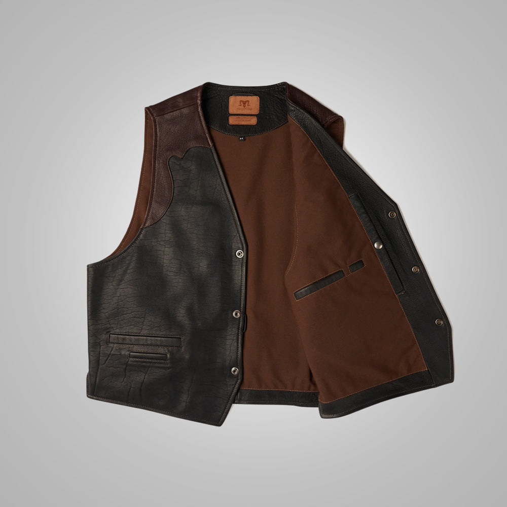 Men’s "Badlands" Multi-Tone Vest | Premium Brown Buffalo Leather | Hand-Burnished Panelled Waistcoat | Full Grain Apparel