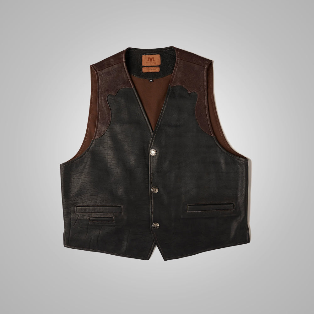 Men’s "Badlands" Multi-Tone Vest | Premium Brown Buffalo Leather | Hand-Burnished Panelled Waistcoat | Full Grain Apparel