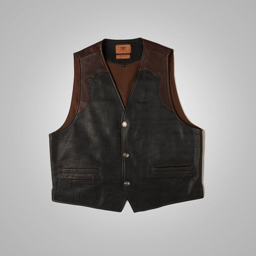 Men’s "Badlands" Multi-Tone Vest | Premium Brown Buffalo Leather | Hand-Burnished Panelled Waistcoat | Full Grain Apparel