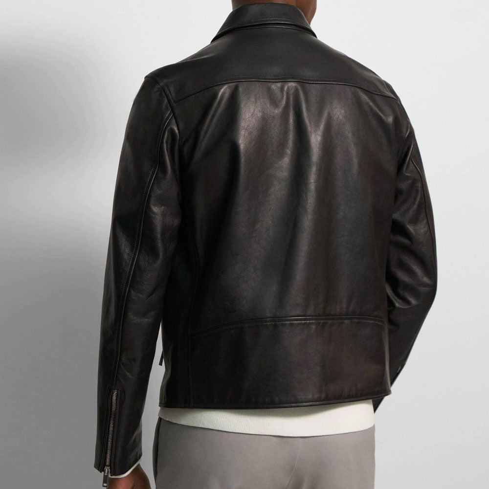 Men’s "Urban Diplomat" Pointed Collar Leather Jacket | Black Sheepskin Shirt-Style Coat | Full Grain Apparel