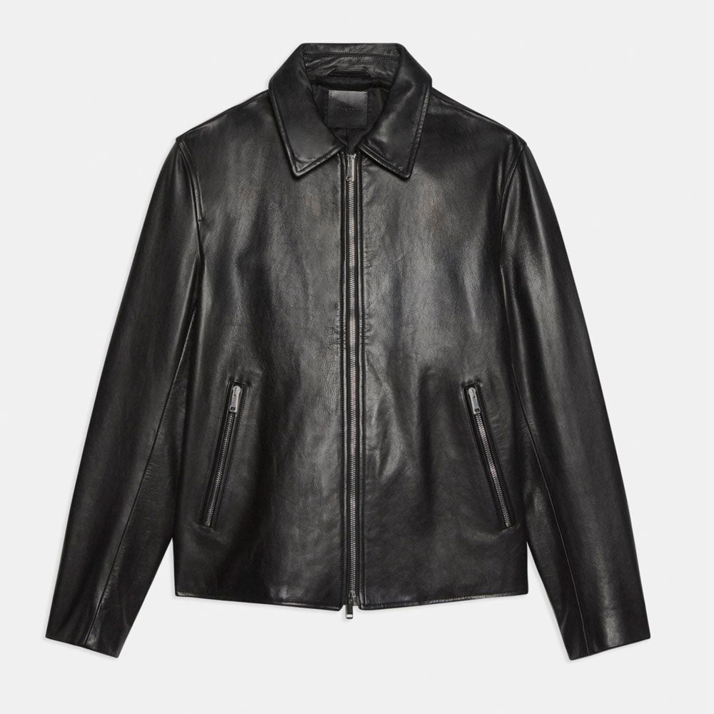 Men’s "Urban Diplomat" Pointed Collar Leather Jacket | Black Sheepskin Shirt-Style Coat | Full Grain Apparel