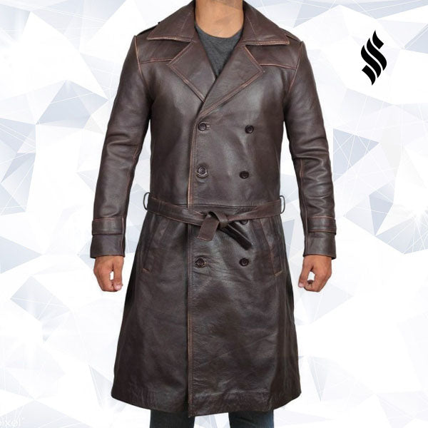 Men’s Rorschach Distressed Brown Travelling Winter Long Leather Trench Coat | Rugged Heritage | Full Grain Apparel