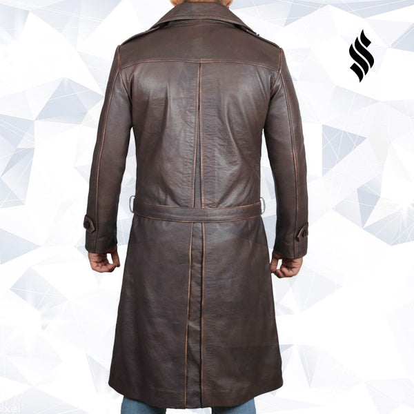 Men’s Rorschach Distressed Brown Travelling Winter Long Leather Trench Coat | Rugged Heritage | Full Grain Apparel