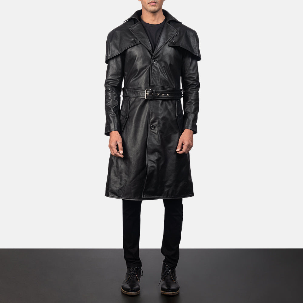 Men’s Shiny Black Belted Lambskin Leather Duster Coat | Full Grain Apparel