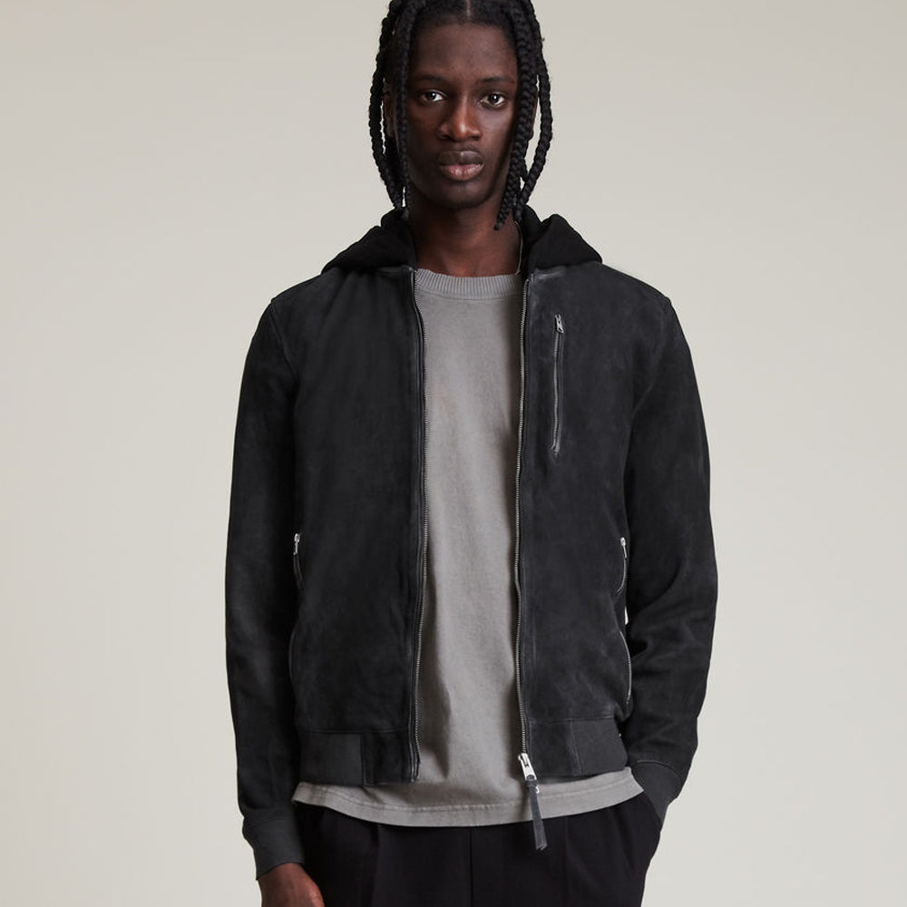 Men’s Suede Leather Bomber Jacket with Detachable Hood | Full Grain Apparel