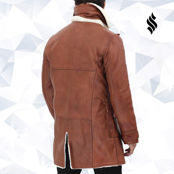 Men’s Tan Bane Shearling Leather Trench Coat | Rugged Winter Authority | Full Grain Apparel
