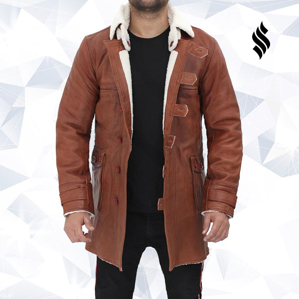 Men’s Tan Bane Shearling Leather Trench Coat | Rugged Winter Authority | Full Grain Apparel