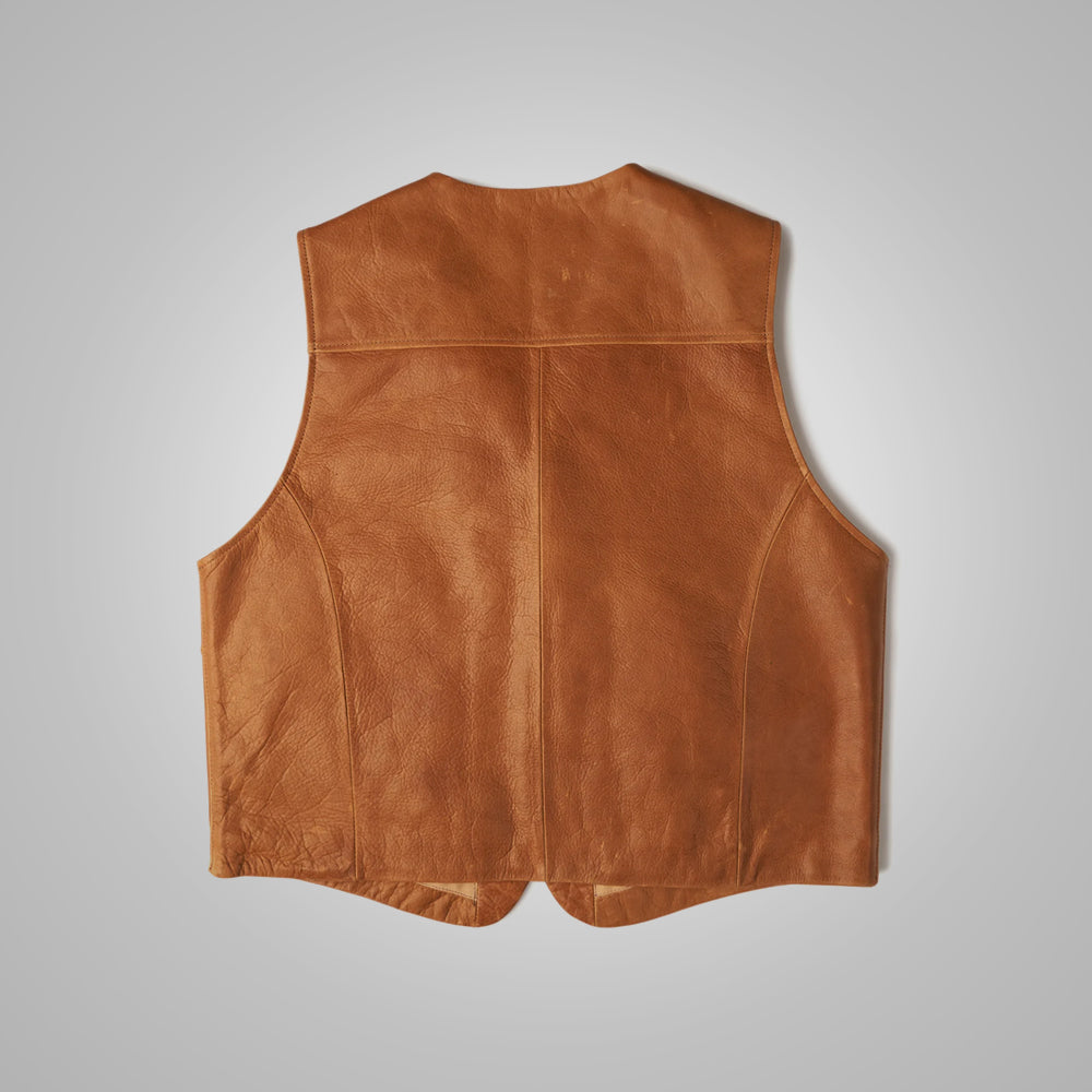 Chaleco vintage de hombre "Dust Bowl" | Piel de oveja marrón de primera calidad | Chaleco de cuero vaquero envejecido | Prenda de cuero de grano completo