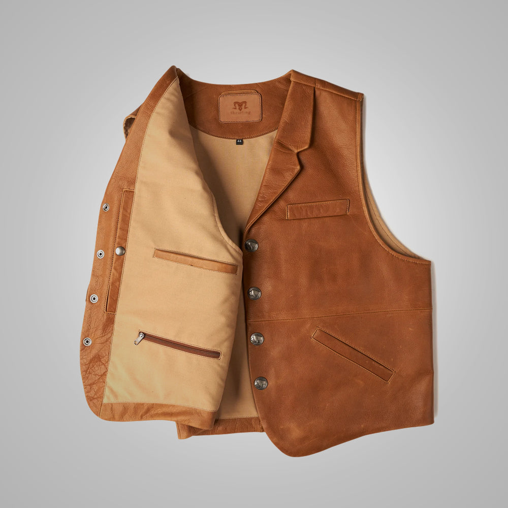 Chaleco vintage de hombre "Dust Bowl" | Piel de oveja marrón de primera calidad | Chaleco de cuero vaquero envejecido | Prenda de cuero de grano completo