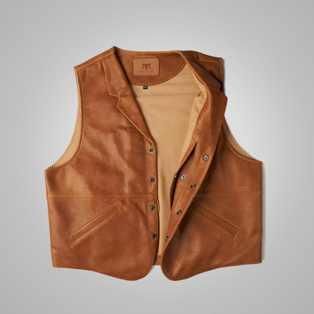 Chaleco vintage de hombre "Dust Bowl" | Piel de oveja marrón de primera calidad | Chaleco de cuero vaquero envejecido | Prenda de cuero de grano completo