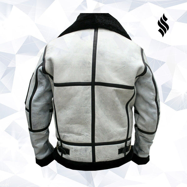 Chaqueta de aviador B3 de piel de oveja para hombre | Comando Resistente en Blanco y Negro | Prendas de Piel de Grano Completo
