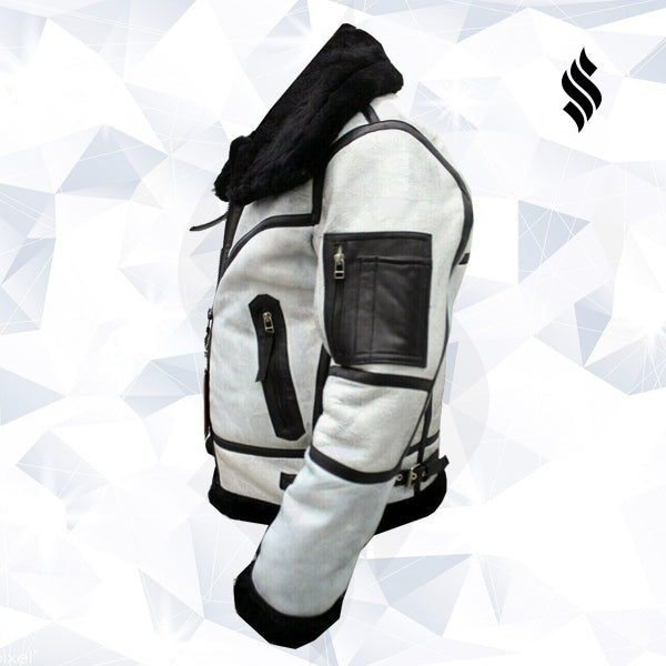 Chaqueta de aviador B3 de piel de oveja para hombre | Comando Resistente en Blanco y Negro | Prendas de Piel de Grano Completo