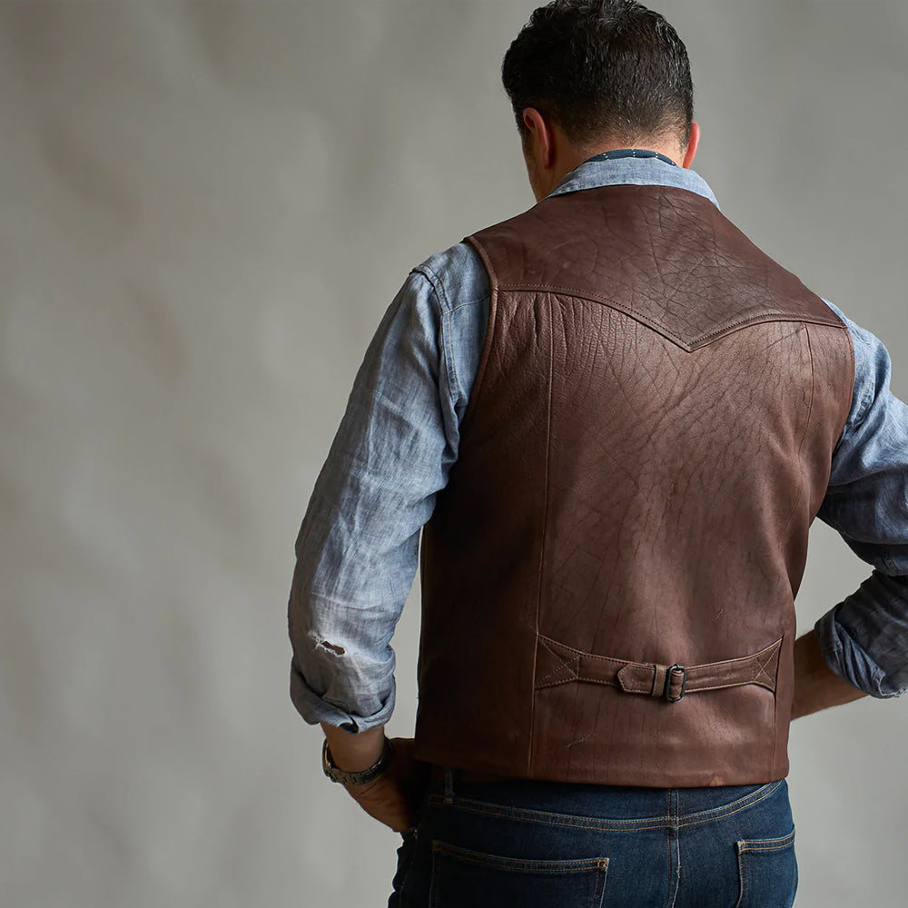 Men’s "Outlaw Frontier" Vest | Premium Brown Buffalo Leather | Authentic Western Style Waistcoat | Full Grain Apparel