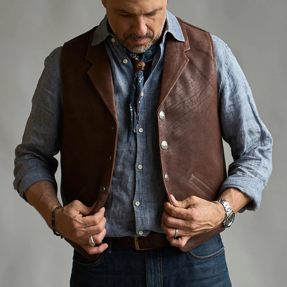 Men’s "Outlaw Frontier" Vest | Premium Brown Buffalo Leather | Authentic Western Style Waistcoat | Full Grain Apparel