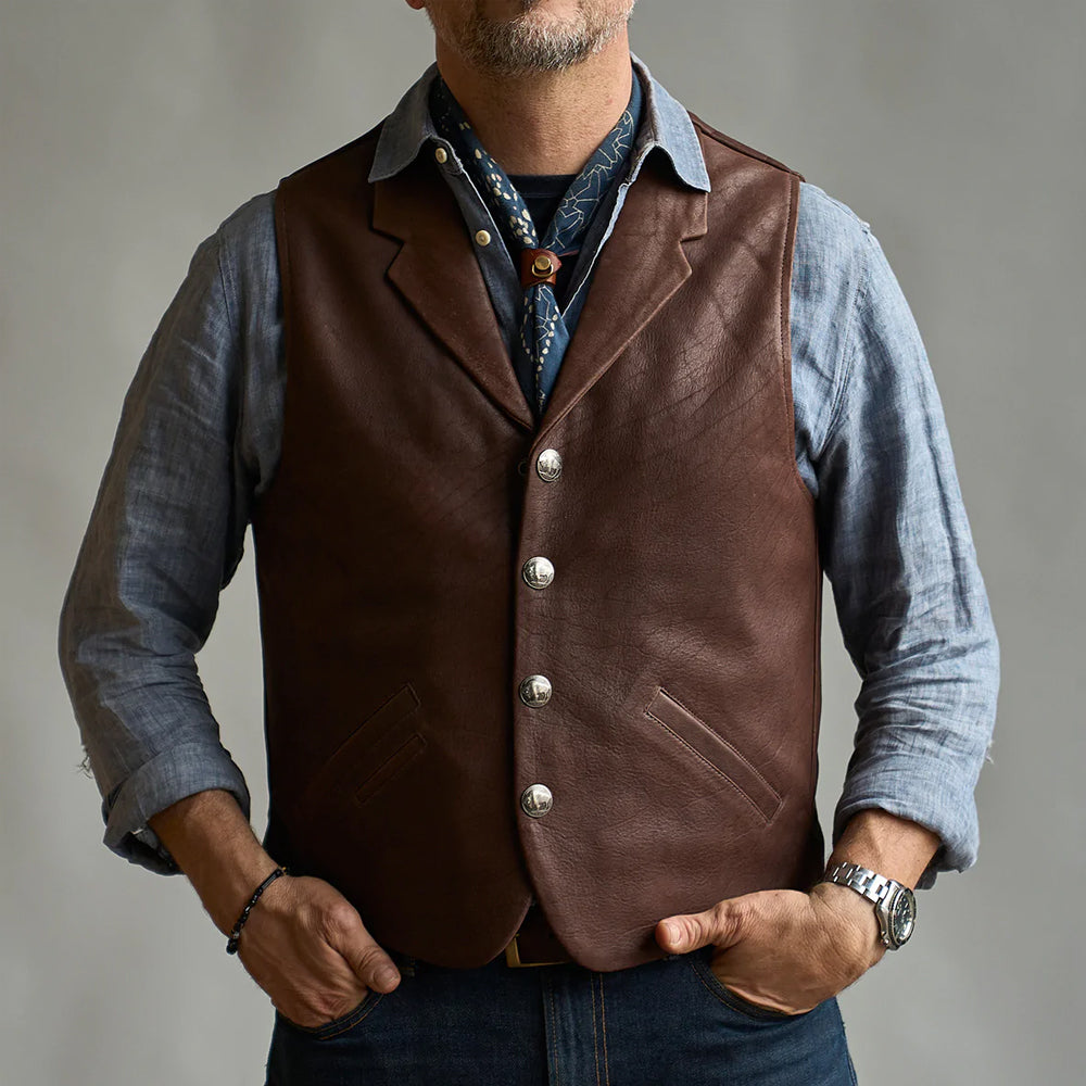 Men’s "Outlaw Frontier" Vest | Premium Brown Buffalo Leather | Authentic Western Style Waistcoat | Full Grain Apparel
