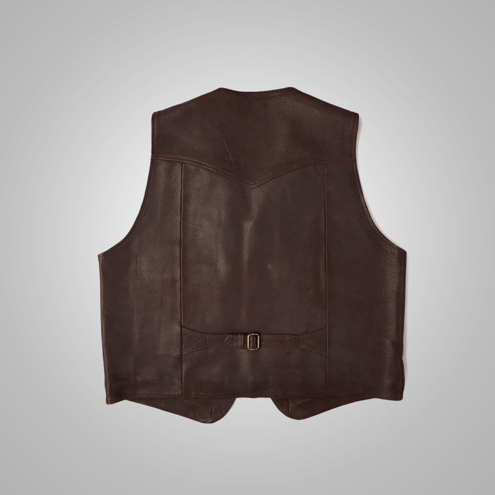Men’s "Outlaw Frontier" Vest | Premium Brown Buffalo Leather | Authentic Western Style Waistcoat | Full Grain Apparel