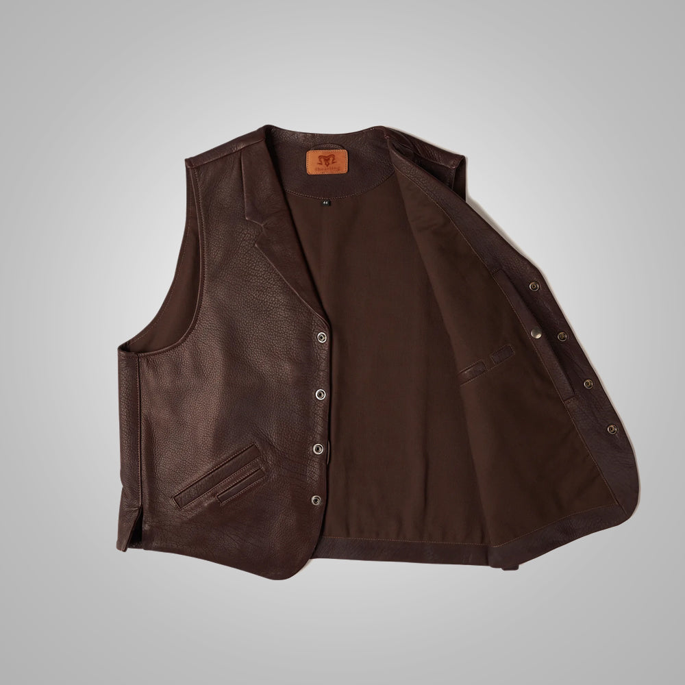 Men’s "Outlaw Frontier" Vest | Premium Brown Buffalo Leather | Authentic Western Style Waistcoat | Full Grain Apparel