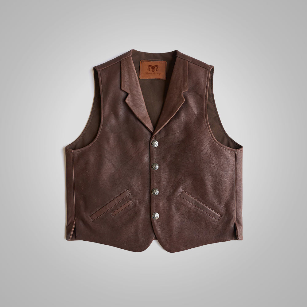 Men’s "Outlaw Frontier" Vest | Premium Brown Buffalo Leather | Authentic Western Style Waistcoat | Full Grain Apparel
