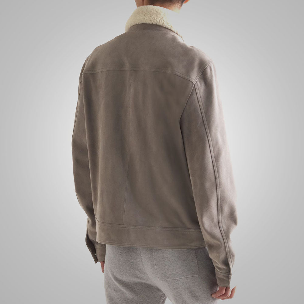 Men’s "Silver Fox" Suede Trucker | Premium Slate Grey Suede | Genuine Faux-Shearling White Fur Collar | Full Grain Apparel