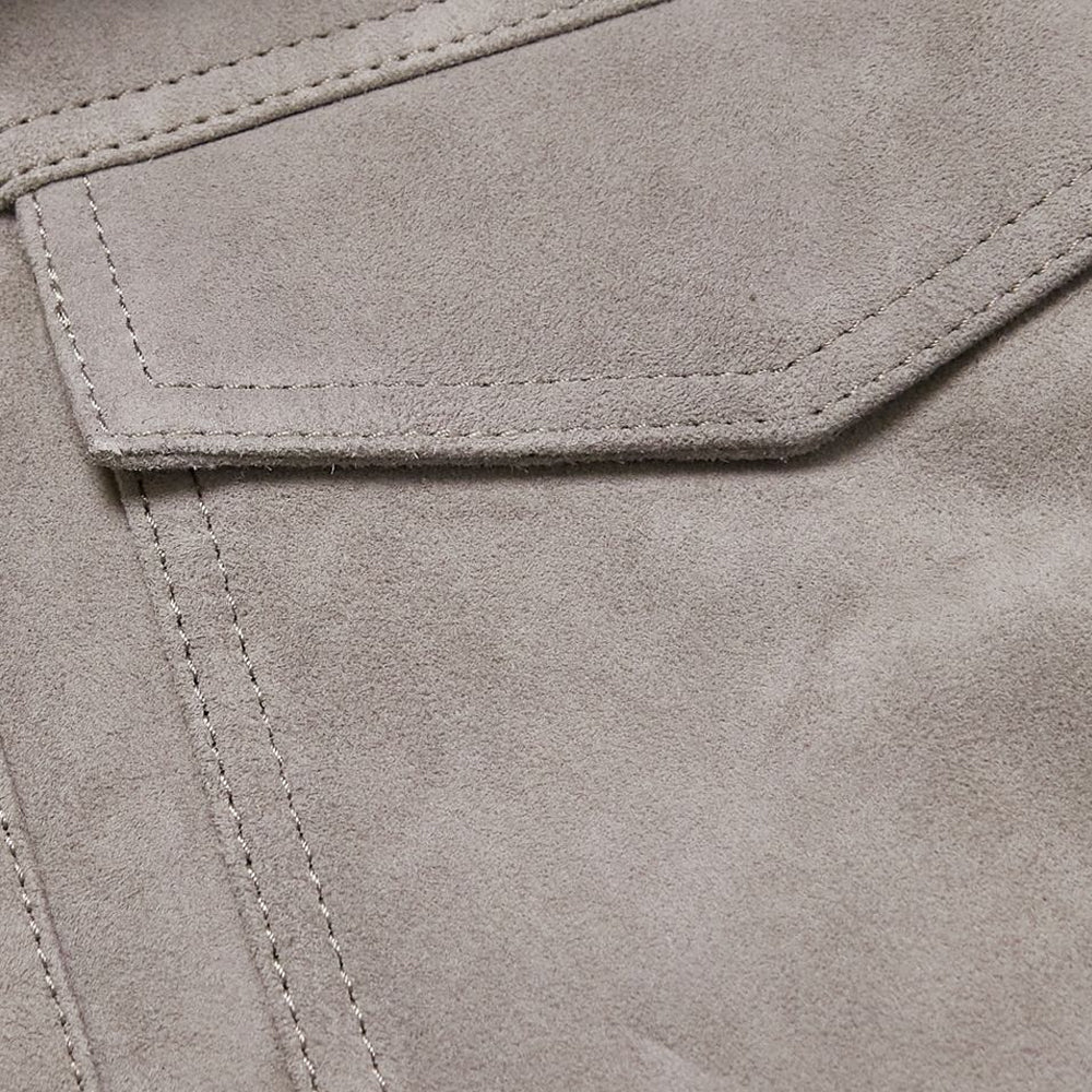 Men’s "Silver Fox" Suede Trucker | Premium Slate Grey Suede | Genuine Faux-Shearling White Fur Collar | Full Grain Apparel