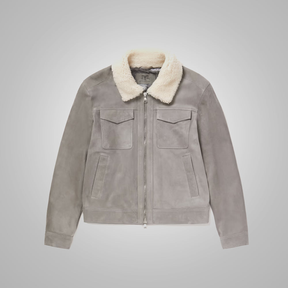 Men’s "Silver Fox" Suede Trucker | Premium Slate Grey Suede | Genuine Faux-Shearling White Fur Collar | Full Grain Apparel