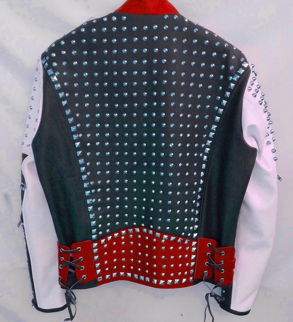Chaqueta de motorista unisex con tachuelas multicolor | Correa ajustable con cinturón | Prenda de cuero de plena flor