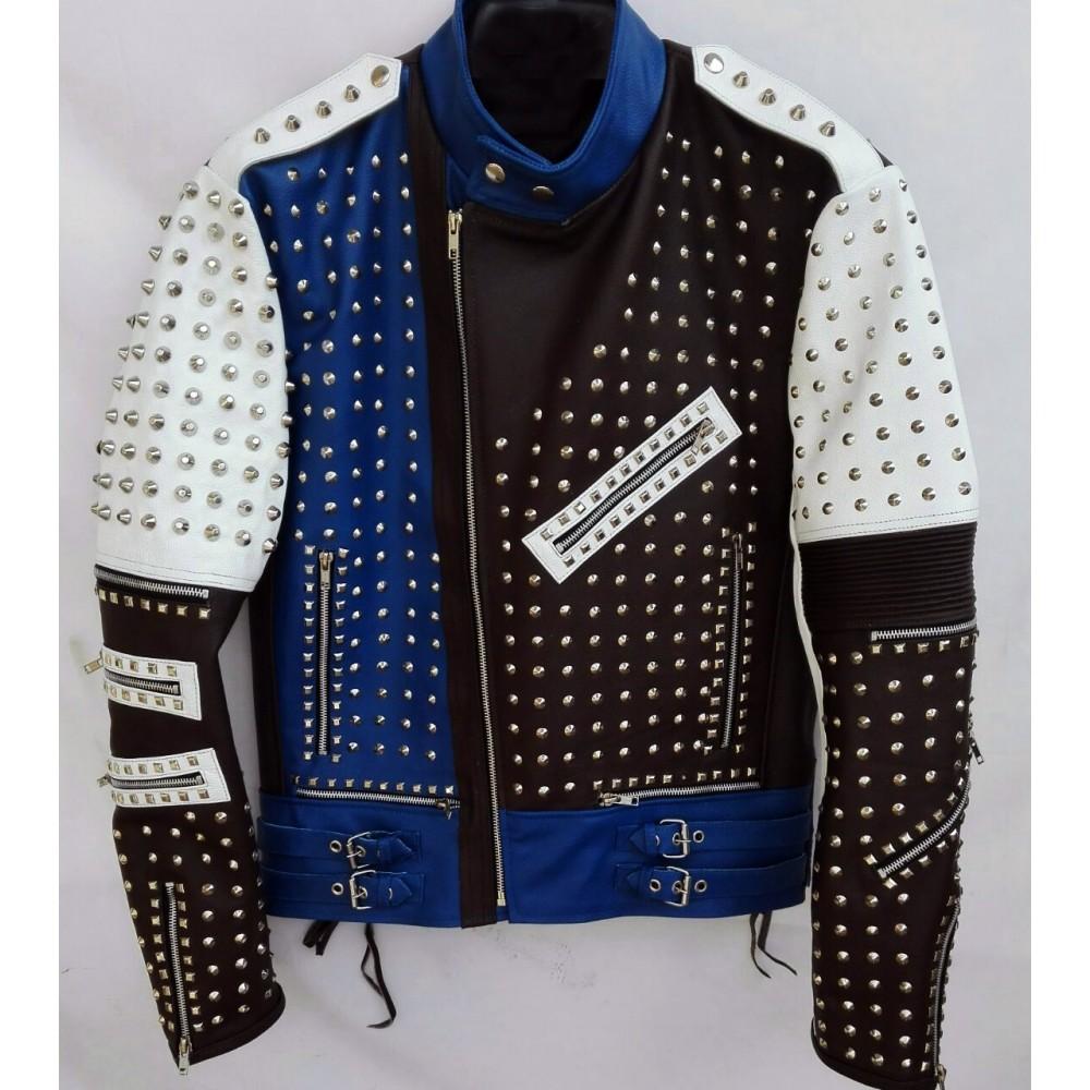 Unisex Multi-Color Full Studded Biker Jacket | Adjustable Belted Strap | Full Grain Apparel