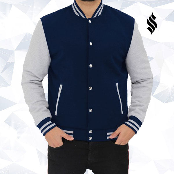 Men’s Navy Blue and Gray Varsity Jacket | Classic Letterman Outerwear | Full Grain Apparel