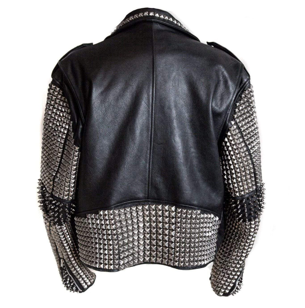Chaqueta de cuero negra con tachuelas y púas plateadas para hombre | Ropa de piel plena flor