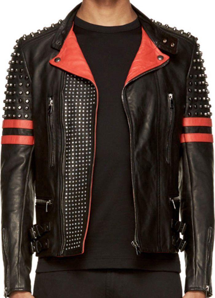 Men’s Black & Red Studded Stripe Biker Suede Jacket | Full Grain Apparel