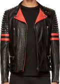 Men’s Black & Red Studded Stripe Biker Suede Jacket | Full Grain Apparel