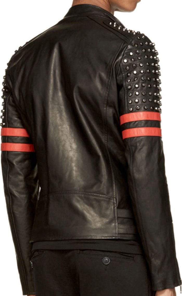 Chaqueta de Piel de Ante de Motorista con Tachuelas Negras y Rojas para Hombre | Full Grain Apparel