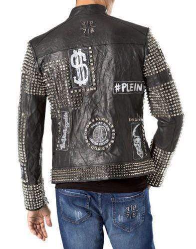 Chaqueta de cuero negra para hombre con tachuelas | Ropa de piel de plena flor
