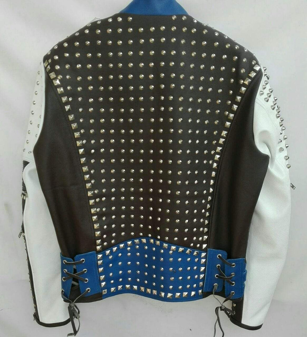 Chaqueta de cuero con tachuelas azul y blanco para hombre | Ropa de grano completo