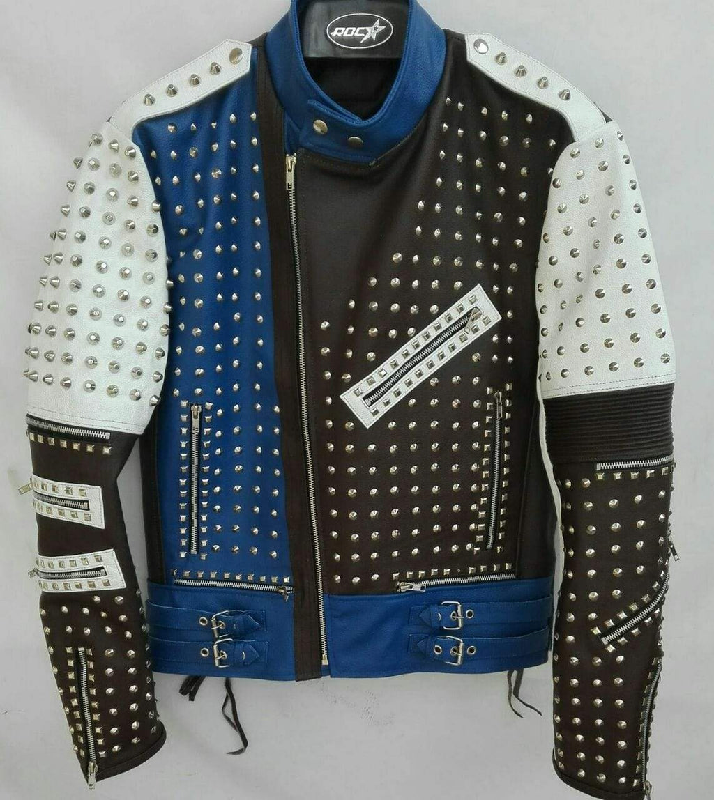 Men’s Blue White Studded Leather Jacket|Full Grain Apparel