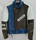 Men’s Blue White Studded Leather Jacket|Full Grain Apparel