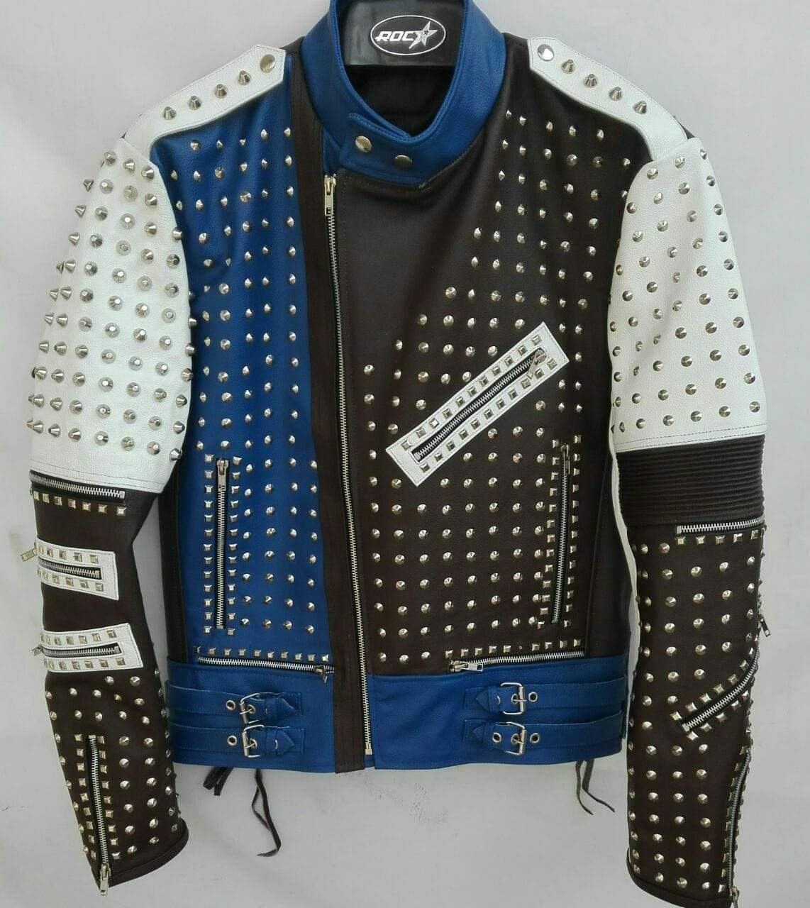 Men’s Blue White Studded Leather Jacket|Full Grain Apparel