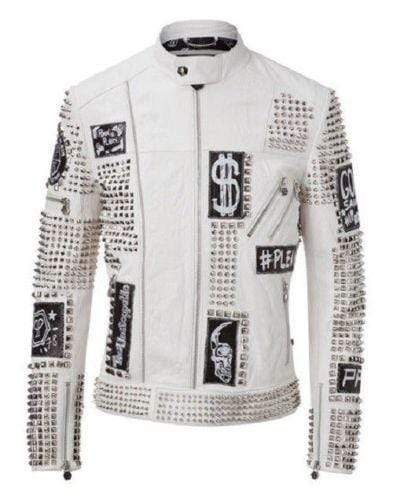 Men’s White Studded Punk Leather Jacket | Full Grain Apparel