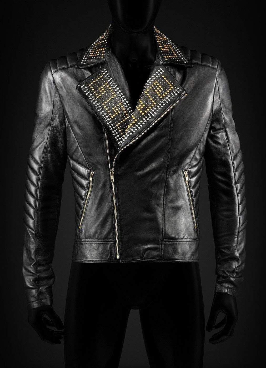 Men’s Black Gold Silver Studded Leather Jacket | Full Grain Apparel