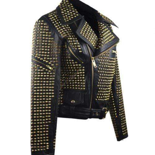 Women’s Black Golden Studded Brando Leather Jacket | Full Grain Apparel