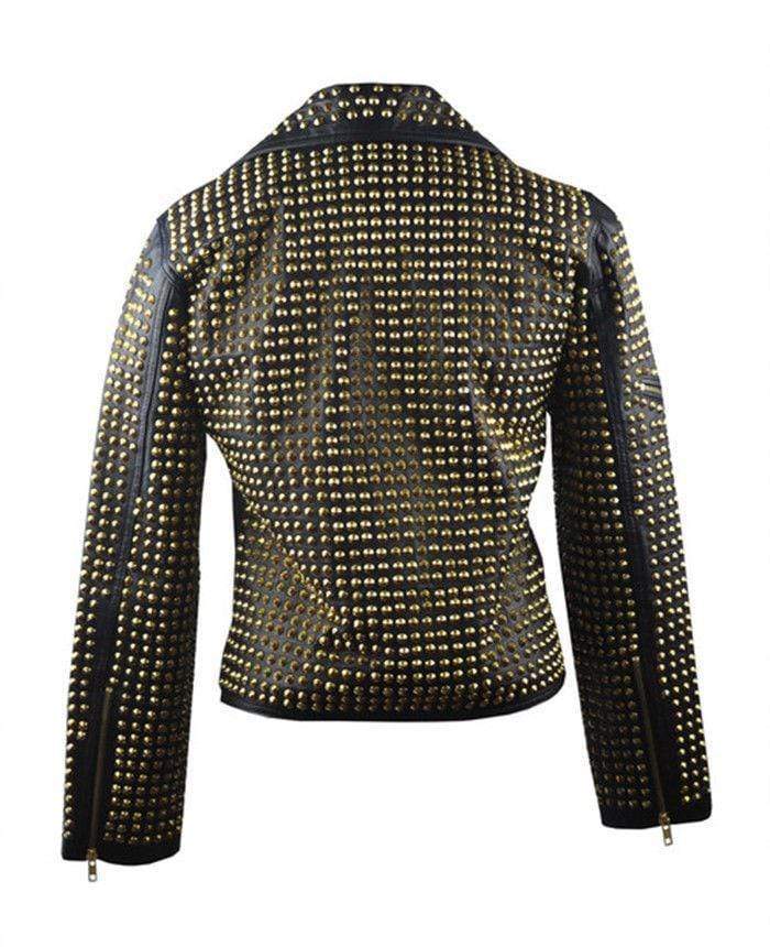 Women’s Black Golden Studded Brando Leather Jacket | Full Grain Apparel