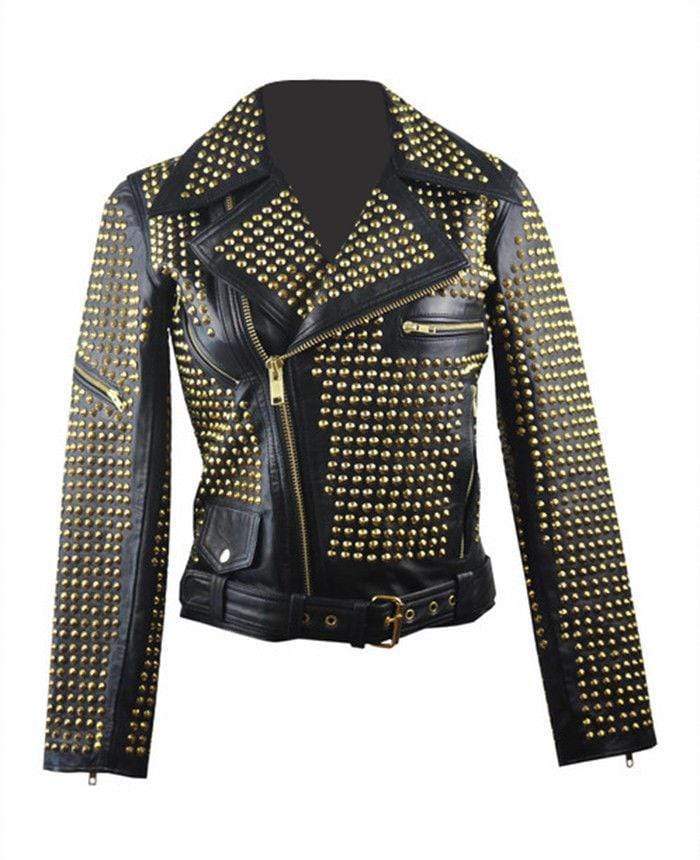Women’s Black Golden Studded Brando Leather Jacket | Full Grain Apparel
