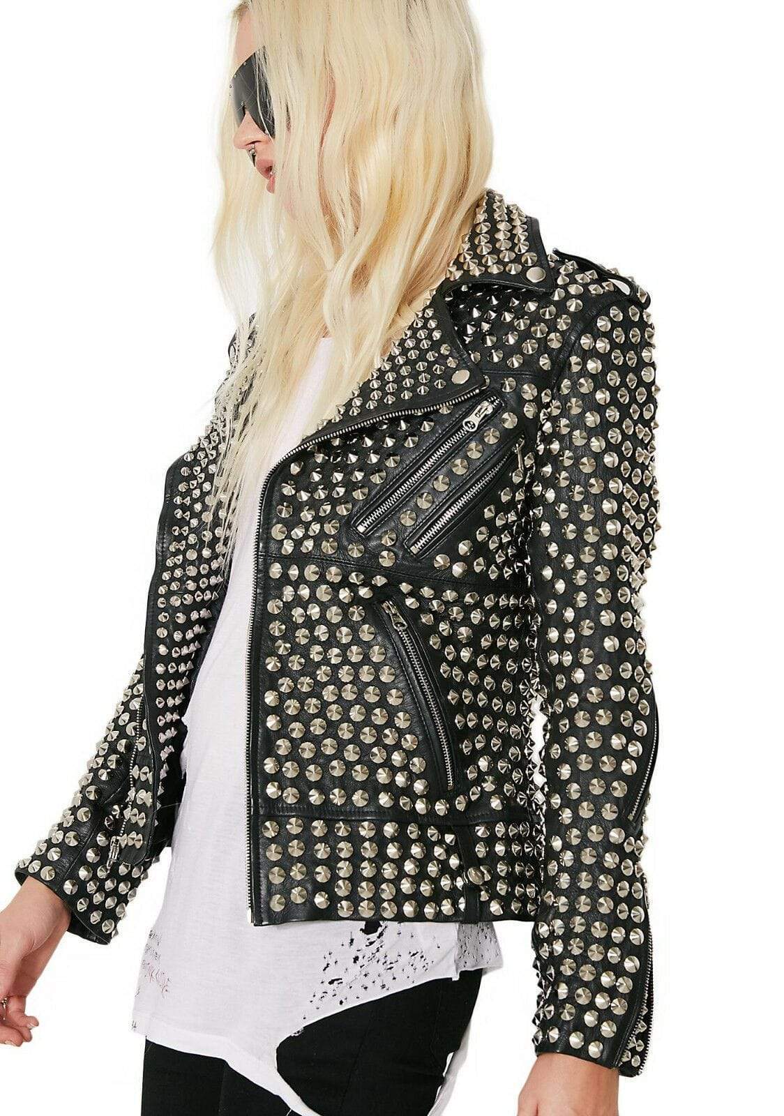 Women’s Black Silver Studded Leather Jacket | Full Grain Apparel